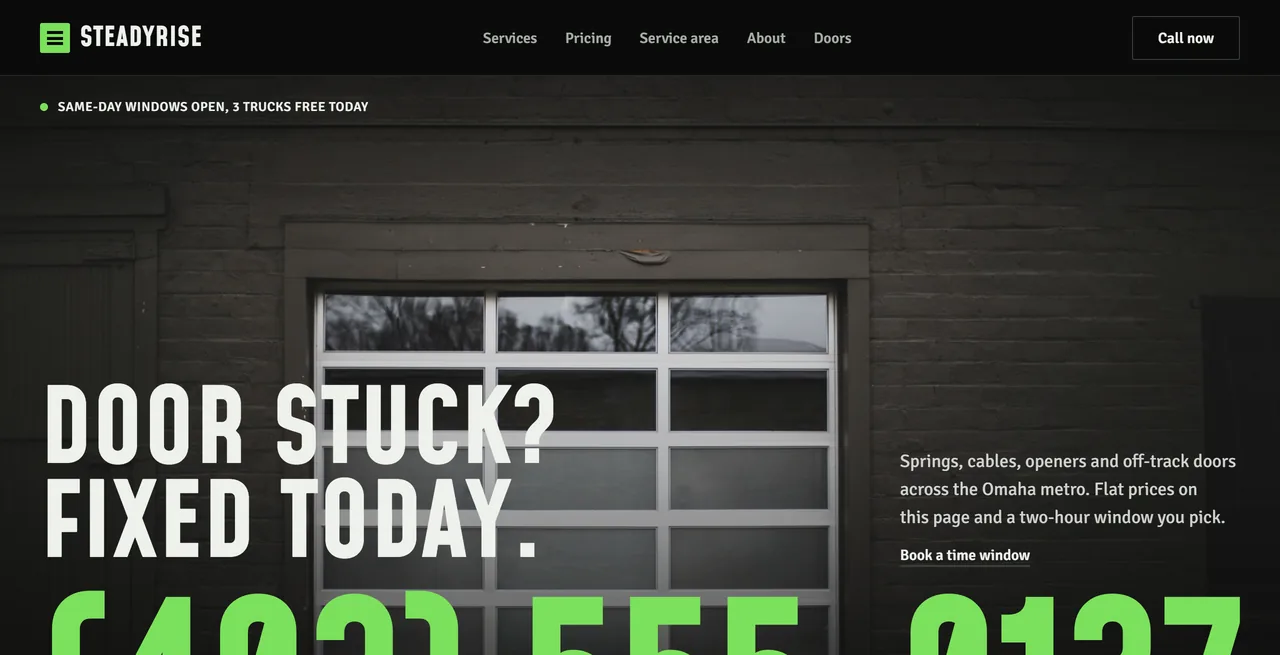 Preview of the sample site for a garage door company